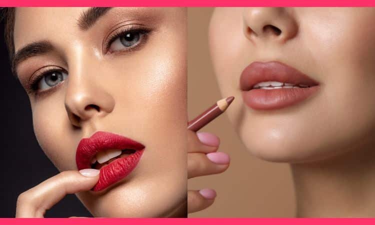 Diwali makeup look featuring bold red and classic nude lip color options